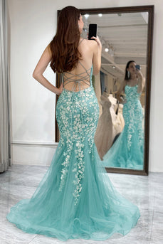 Light Green Mermaid Backless Long Corset Formal Dress With Appliques