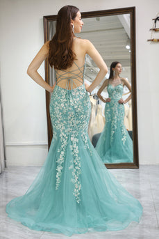 Light Green Mermaid Long Corset Formal Dress With Appliques