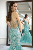 Load image into Gallery viewer, Light Green Mermaid Long Corset Formal Dress With Appliques