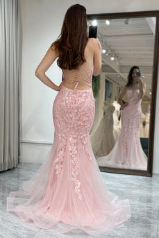 Pink Mermaid Backless Long Corset Formal Dress With Appliques