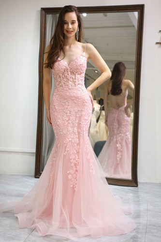 Pink Mermaid Backless Long Corset Formal Dress With Appliques