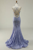 Load image into Gallery viewer, Halter Lace Purple Long Formal Dress with Slit