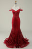 Load image into Gallery viewer, Mermaid Cold Shoulder Sequins Burgundy Long Formal Dress