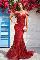 Load image into Gallery viewer, Mermaid Cold Shoulder Sequins Burgundy Long Formal Dress
