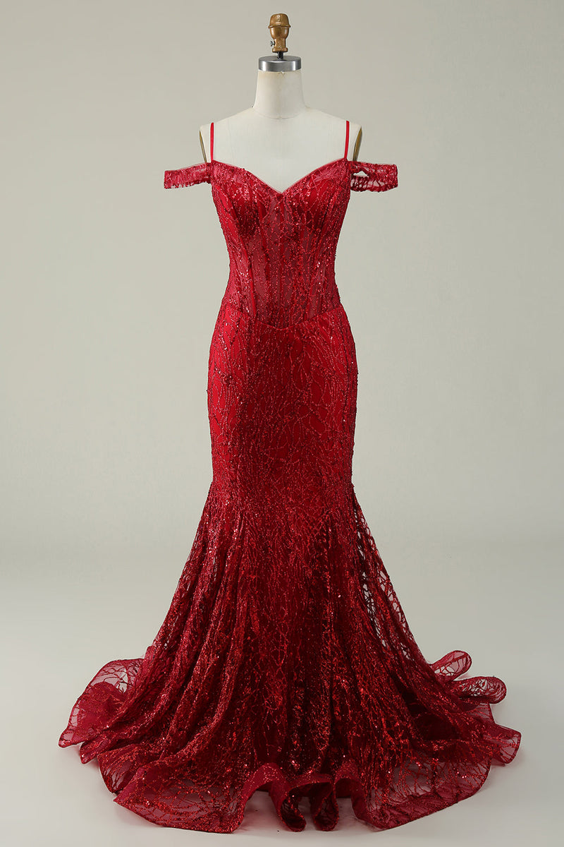 Load image into Gallery viewer, Mermaid Cold Shoulder Sequins Burgundy Long Formal Dress