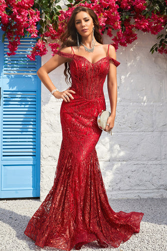 Cold Shoulder Mermaid Sequins Burgundy Long Formal Dress