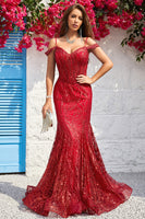 Load image into Gallery viewer, Cold Shoulder Mermaid Sequins Burgundy Long Formal Dress