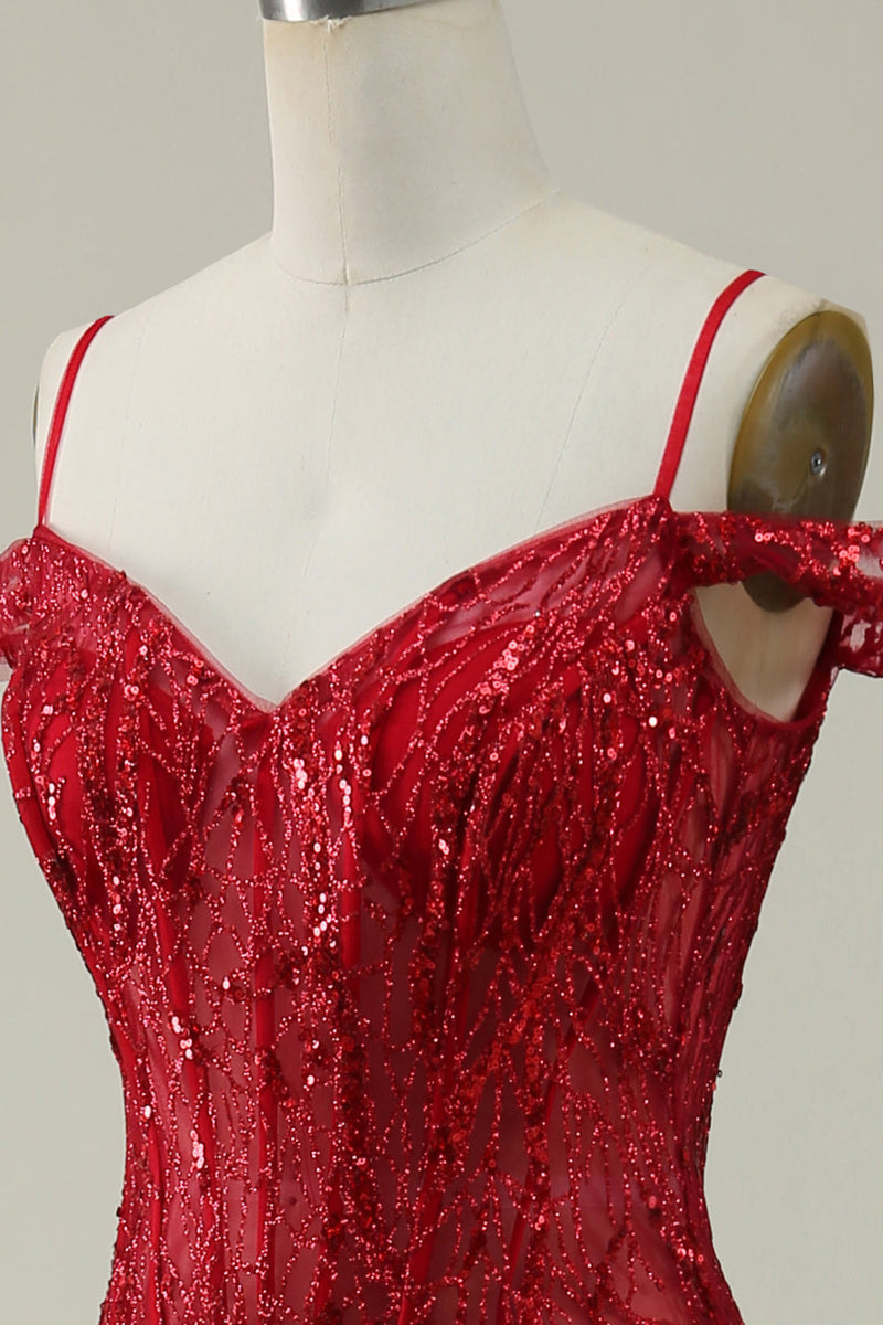 Load image into Gallery viewer, Mermaid Cold Shoulder Sequins Burgundy Long Formal Dress