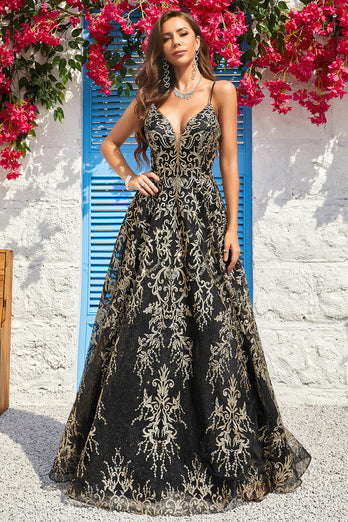 Sparkly Spaghetti Straps Black Golden Long Formal Dress with Bronzing