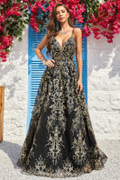 Load image into Gallery viewer, Spaghetti Straps Sparkly Black Golden Long Formal Dress with Bronzing