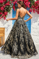 Load image into Gallery viewer, Spaghetti Straps Sparkly Black Golden Long Formal Dress with Bronzing