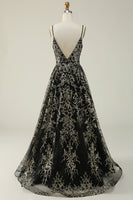Load image into Gallery viewer, Spaghetti Straps Sparkly Black Golden Long Formal Dress with Bronzing