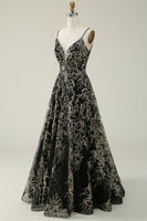 Load image into Gallery viewer, Sparkly Spaghetti Straps Black Golden Long Formal Dress with Bronzing