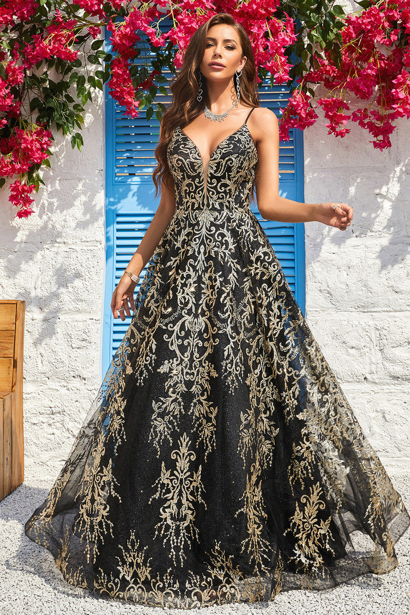 Load image into Gallery viewer, Spaghetti Straps Sparkly Black Golden Long Formal Dress with Bronzing