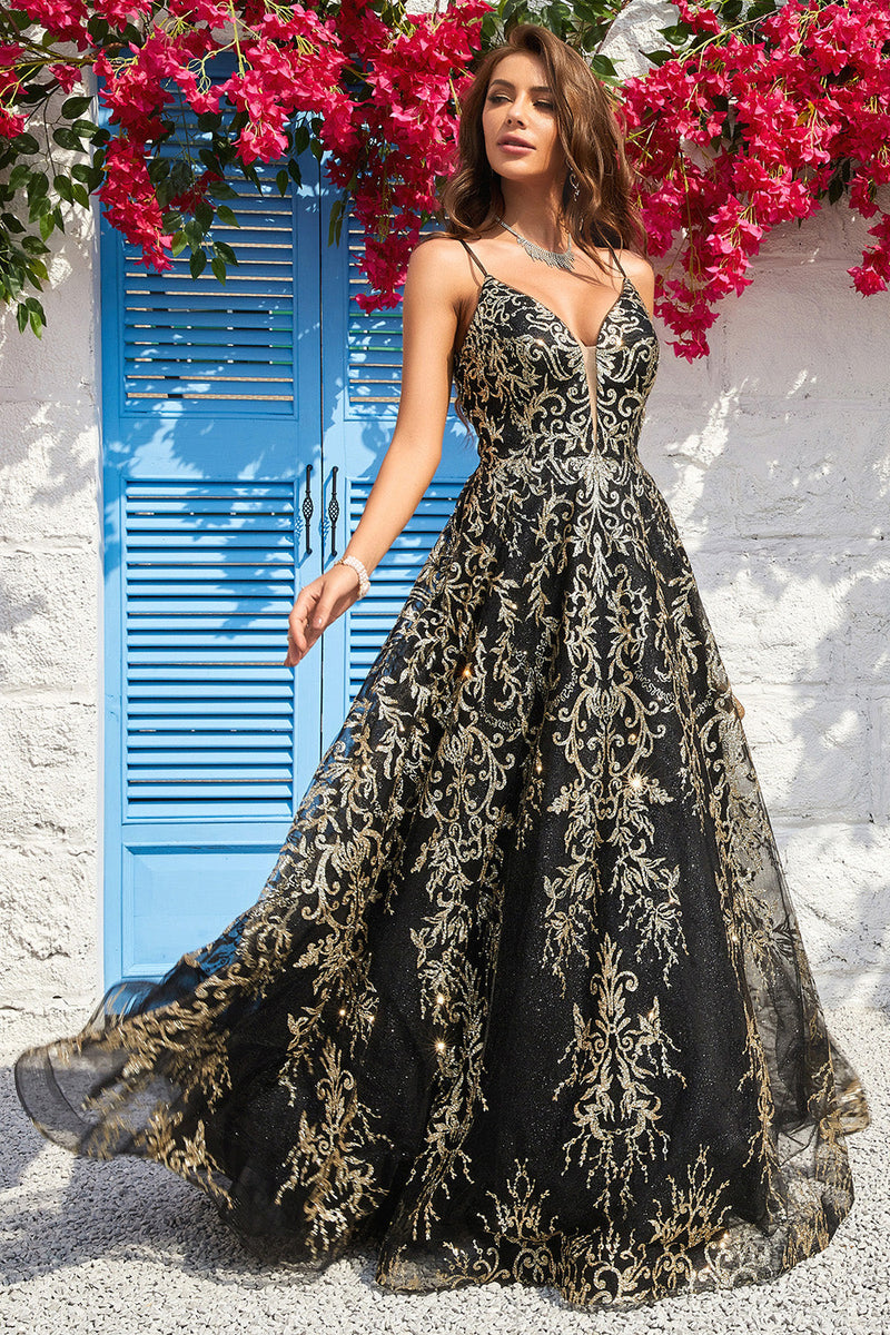 Load image into Gallery viewer, Spaghetti Straps Sparkly Black Golden Long Formal Dress with Bronzing