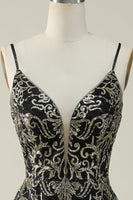 Load image into Gallery viewer, Sparkly Spaghetti Straps Black Golden Long Formal Dress with Bronzing