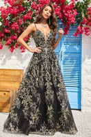 Load image into Gallery viewer, Spaghetti Straps Sparkly Black Golden Long Formal Dress with Bronzing