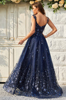 Load image into Gallery viewer, Spaghetti Straps Sequins Navy Long Formal Dress