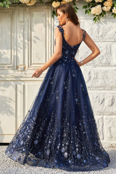 Spaghetti Straps Sequins Navy Long Formal Dress