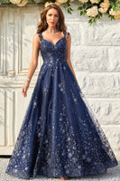 Load image into Gallery viewer, Spaghetti Straps Sequins Navy Long Formal Dress