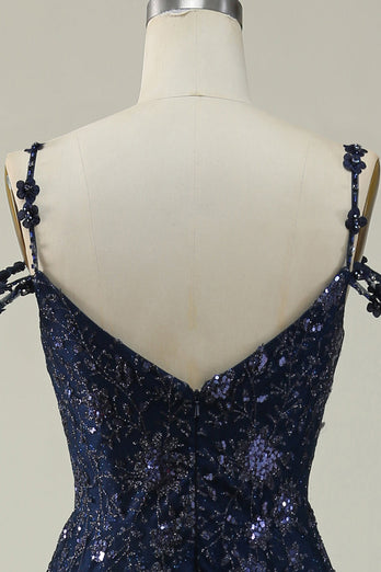 Sparkly Spaghetti Straps Sequins Navy Long Formal Dress