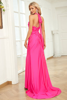 Halter Fuchsia Long Formal Dress with Slit