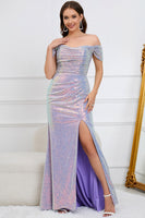 Load image into Gallery viewer, Mermaid Off The Shoulder Sparkly Purple Long Formal Dress with Slit