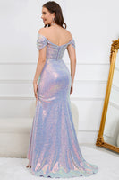 Load image into Gallery viewer, Mermaid Off The Shoulder Sparkly Purple Long Formal Dress with Slit