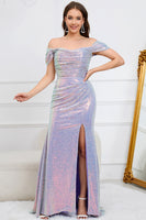Load image into Gallery viewer, Mermaid Off The Shoulder Sparkly Purple Long Formal Dress with Slit