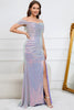 Load image into Gallery viewer, Mermaid Off The Shoulder Sparkly Purple Long Formal Dress with Slit