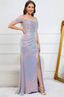 Load image into Gallery viewer, Mermaid Off The Shoulder Sparkly Purple Long Formal Dress with Slit