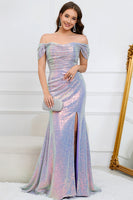 Load image into Gallery viewer, Mermaid Off The Shoulder Sparkly Purple Long Formal Dress with Slit