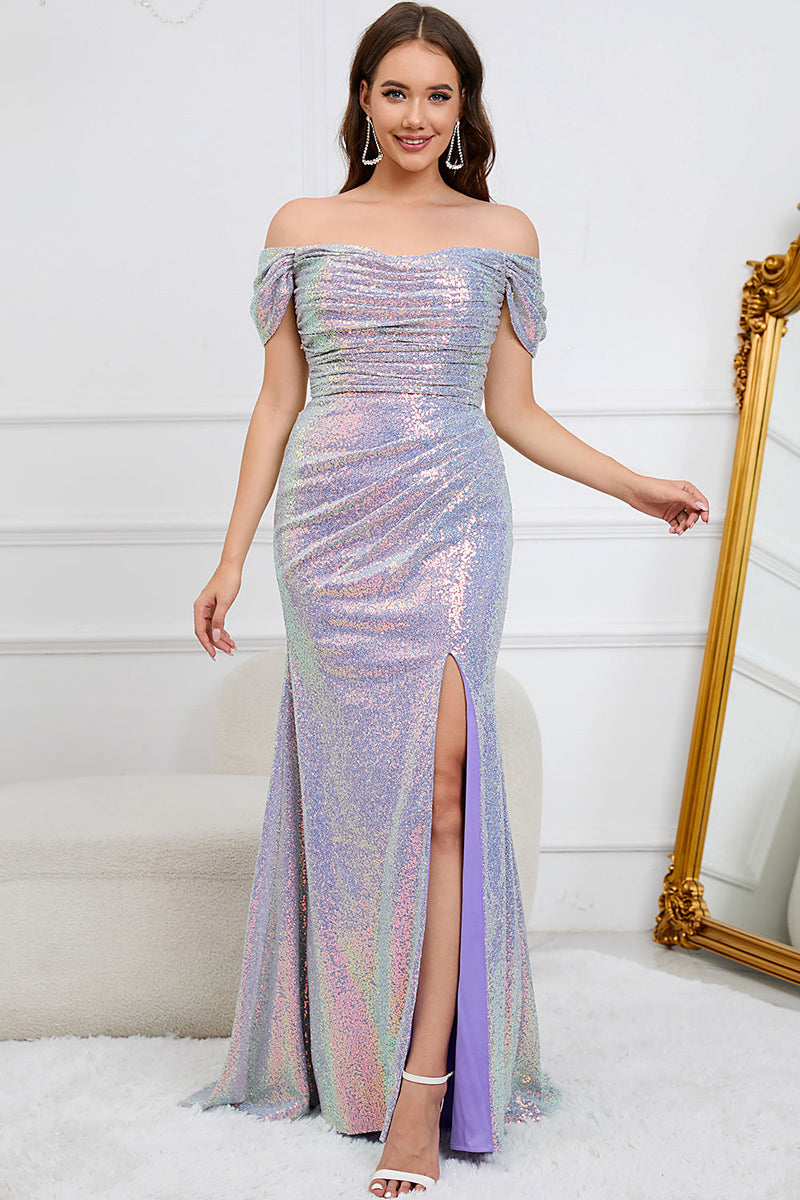 Load image into Gallery viewer, Mermaid Off The Shoulder Sparkly Purple Long Formal Dress with Slit