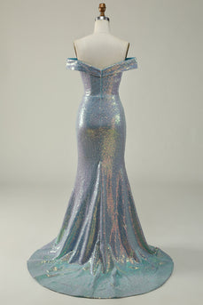 Off The Shoulder Mermaid Sparkly Blue Sequins Long Formal Dress with Slit