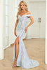 Load image into Gallery viewer, Off The Shoulder Mermaid Blue Sequins Long Formal Dress with Slit