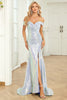 Load image into Gallery viewer, Off The Shoulder Mermaid Blue Sequins Long Formal Dress with Slit