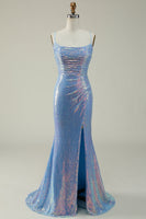 Load image into Gallery viewer, Lace-Up Back Sparkly Sequins Blue Long Formal Dress with Slit