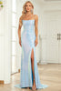 Load image into Gallery viewer, Mermaid Gliter Spaghetti Straps Blue Long Formal Dress with Slit