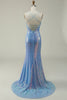 Load image into Gallery viewer, Lace-Up Back Sparkly Sequins Blue Long Formal Dress with Slit