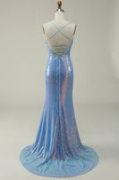 Load image into Gallery viewer, Lace-Up Back Sparkly Sequins Blue Long Formal Dress with Slit