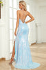 Load image into Gallery viewer, Mermaid Gliter Spaghetti Straps Blue Long Formal Dress with Slit