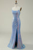 Load image into Gallery viewer, Lace-Up Back Sparkly Sequins Blue Long Formal Dress with Slit