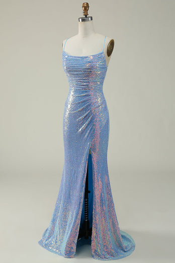 Lace-Up Back Sparkly Sequins Blue Long Formal Dress with Slit