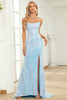 Load image into Gallery viewer, Mermaid Gliter Spaghetti Straps Blue Long Formal Dress with Slit