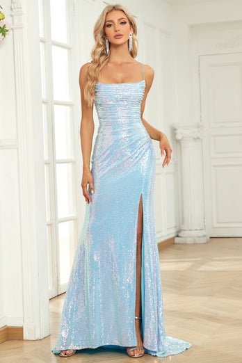 Mermaid Gliter Spaghetti Straps Blue Long Formal Dress with Slit