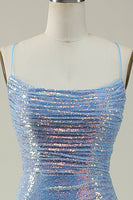 Load image into Gallery viewer, Lace-Up Back Sparkly Sequins Blue Long Formal Dress with Slit