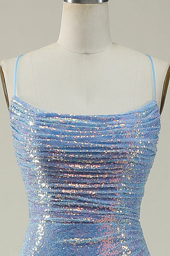 Lace-Up Back Sparkly Sequins Blue Long Formal Dress with Slit