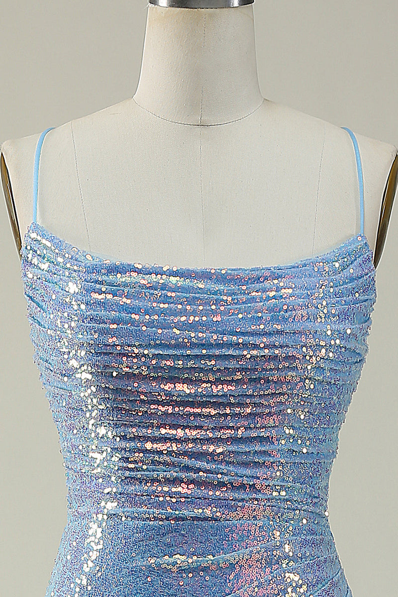 Load image into Gallery viewer, Lace-Up Back Sparkly Sequins Blue Long Formal Dress with Slit