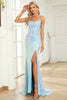 Load image into Gallery viewer, Mermaid Gliter Spaghetti Straps Blue Long Formal Dress with Slit
