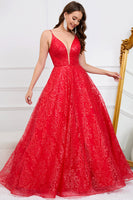 Load image into Gallery viewer, Deep V-Neck Backless Red Ball Gown Dress